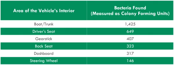 Bacteria found in different areas of car interior